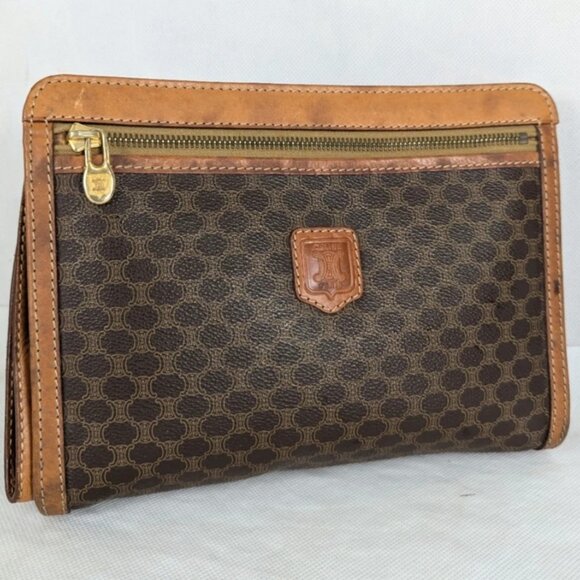 Celine Macadam Vintage Clutch Bag Brown Beige Pouch Made in Italy - Picture 2 of 13